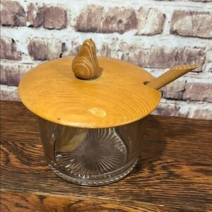 Vintage MCM  Wooden Lid Glass Jar with Spoon